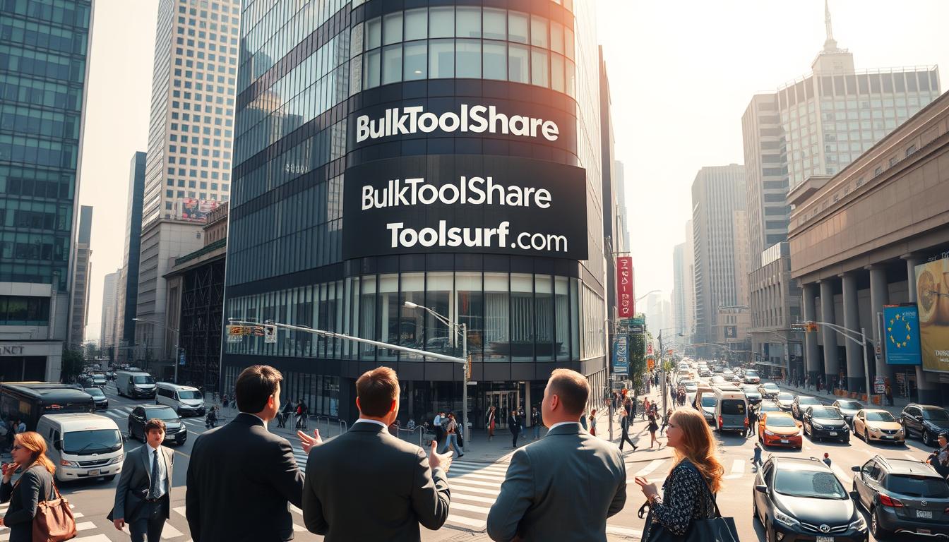 A busy cityscape with a sleek, modern office building prominently displayed in the center. The building's facade features bold, minimalist signage showcasing the "BulkToolShare" and "Toolsurf.com" brands. In the foreground, a group of professionals in business attire are engaged in a lively discussion, gesturing towards the building. The middle ground captures the bustling urban environment, with pedestrians, vehicles, and other architectural elements. The background is filled with a hazy, sun-drenched sky, conveying a sense of growth, innovation, and enterprise. The overall scene exudes a professional, dynamic, and forward-thinking atmosphere. Alt-text: group buy SEO tools provider