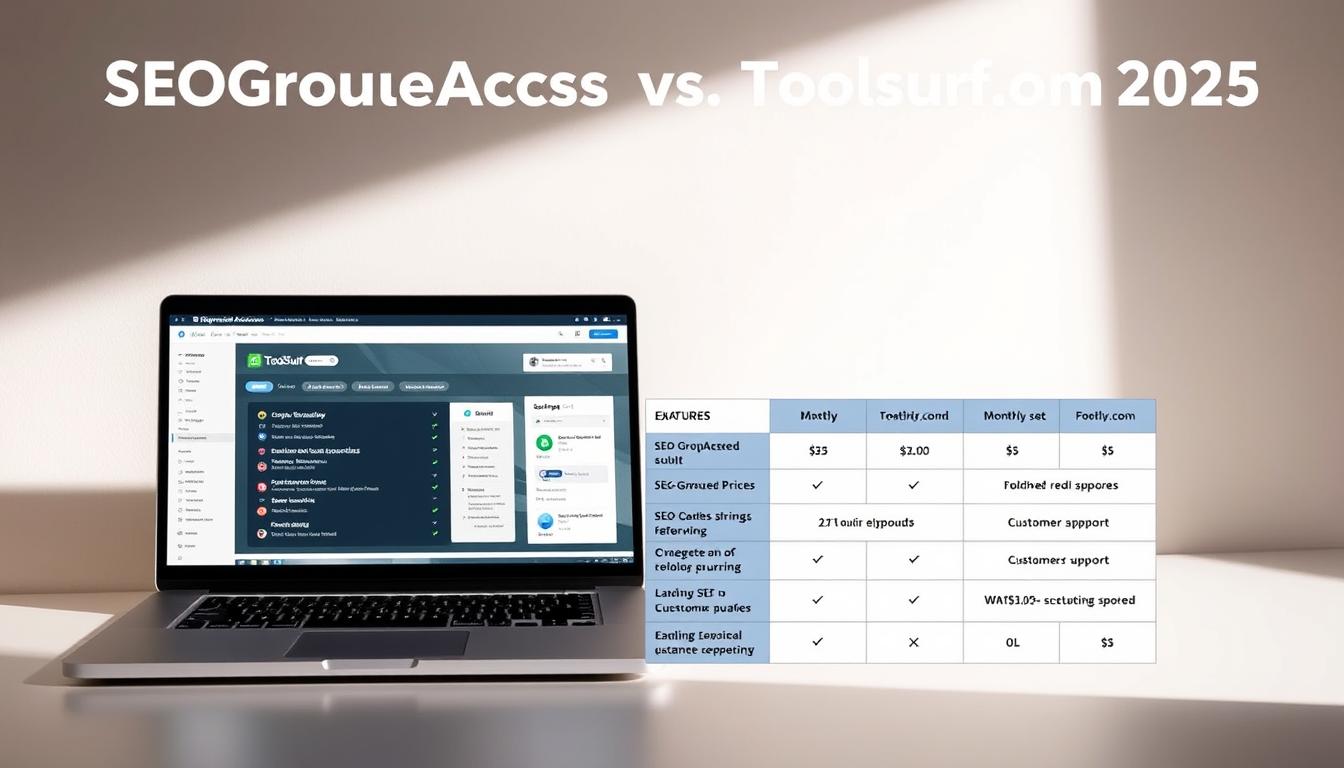A detailed comparison of SEO tools pricing, featuring a sleek, modern layout. In the foreground, two laptop screens display the user interfaces of SEOGroupAccess and Toolsurf.com, showcasing their key features and pricing plans. The middle ground depicts a carefully curated table, highlighting the comparative metrics between the two platforms, such as monthly cost, functionality, and customer support. The background is a soft, gradient-based palette, conveying a sense of professionalism and authority. Lighting is subtle and directional, casting gentle shadows to accentuate the UI elements. The overall composition is balanced and visually compelling, making it an ideal illustration for the "SEOGroupAccess vs Toolsurf.com 2025: Detailed Comparison" section.
