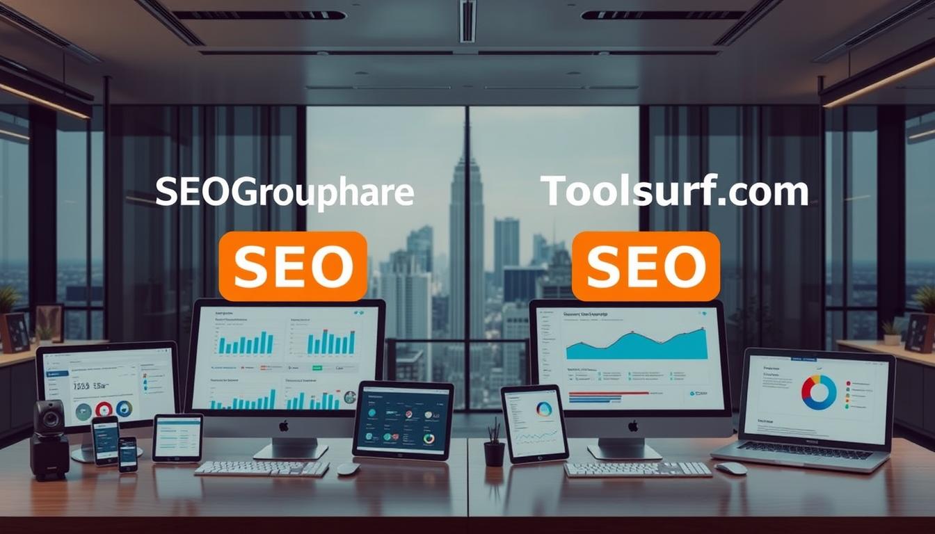 A detailed, side-by-side comparison of two leading SEO toolkits, SEOGroupShare and Toolsurf.com, set against a sleek, modern office environment. In the foreground, an array of devices and analytics dashboards showcase their key features and performance metrics. In the middle ground, stylized icons and infographics highlight their unique capabilities. The background features a sophisticated cityscape, conveying the sense of a competitive, technology-driven industry. Crisp lighting, a muted color palette, and a sense of professional polish create an atmosphere of informed decision-making.