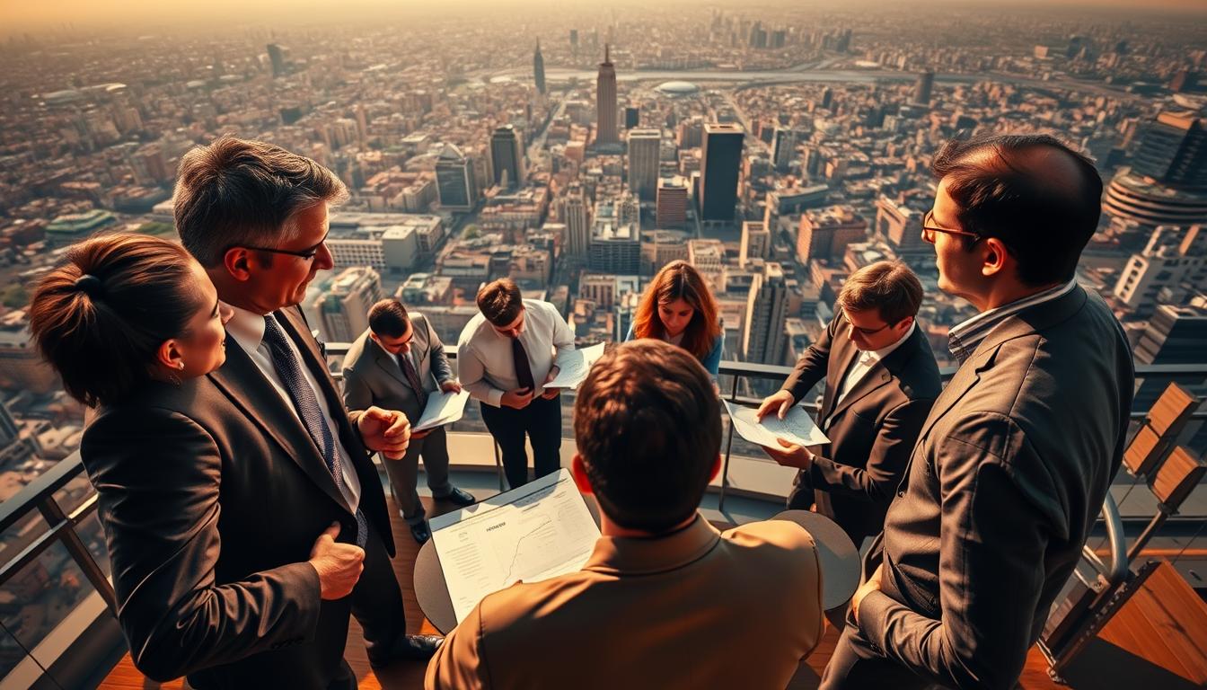 A dynamic scene of SEO leadership, captured in an aerial view. In the foreground, two executives engage in a intense discussion, their body language conveying a sense of competition and strategic maneuvering. The middle ground features a team of analysts poring over data-rich reports, their expressions intense as they uncover insights. In the background, a panoramic cityscape stretches out, representing the broader market landscape. Warm, directional lighting casts dramatic shadows, creating a sense of tension and high-stakes decision making. The lens is wide, offering a comprehensive view of the SEO leadership dynamics at play.