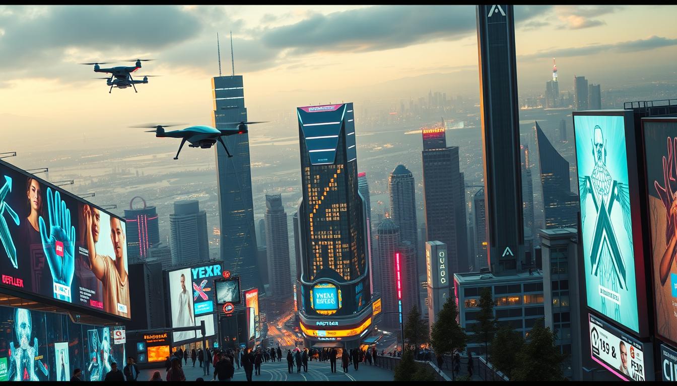 A futuristic cityscape bathed in a soft, neon glow, showcasing the evolving digital marketing landscape of 2025. In the foreground, holographic billboards and augmented reality displays captivate passersby, while autonomous delivery drones zip through the air above. In the middle ground, towering skyscrapers adorned with sleek, data-driven digital signage reflect the integration of AI-powered analytics and personalized marketing. The background depicts a sprawling metropolis, where the lines between the physical and virtual worlds have blurred, creating a seamless, immersive experience for the modern consumer. Cinematic lighting and a futuristic, yet minimalist aesthetic convey the cutting-edge, technologically-advanced nature of the digital marketing trends of 2025. digital marketing trends 2025