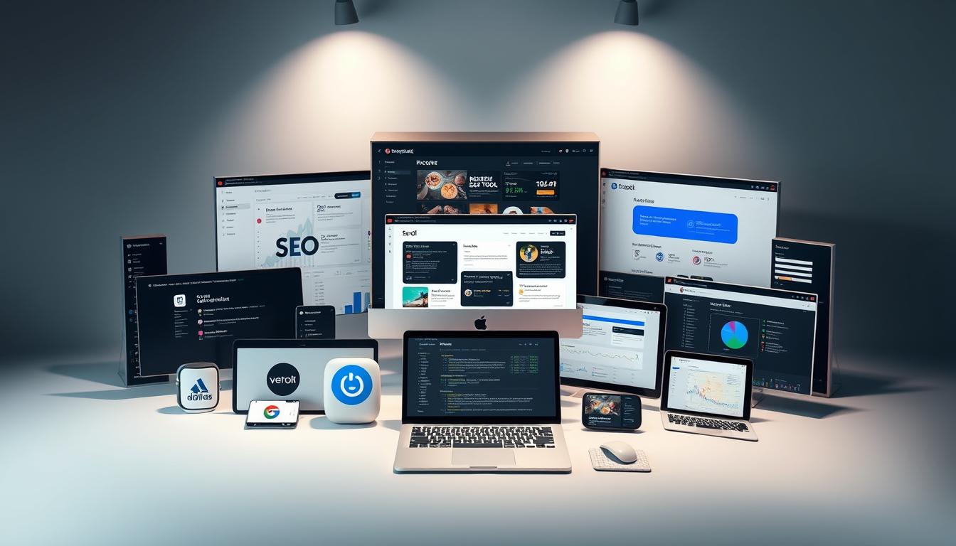 A group of diverse SEO tools arranged in a visually compelling layout, showcasing their key features. The foreground features sleek, modern software icons and logos, while the middle ground displays detailed product screenshots highlighting functionality. The background blends a soft, muted gradient complementing the overall palette. Dramatic studio lighting casts dramatic shadows, conveying a sense of professionalism and sophistication. The composition is balanced and symmetrical, drawing the viewer's eye to the central tools. The mood is one of efficiency, productivity, and technological prowess. "group buy SEO tools features"