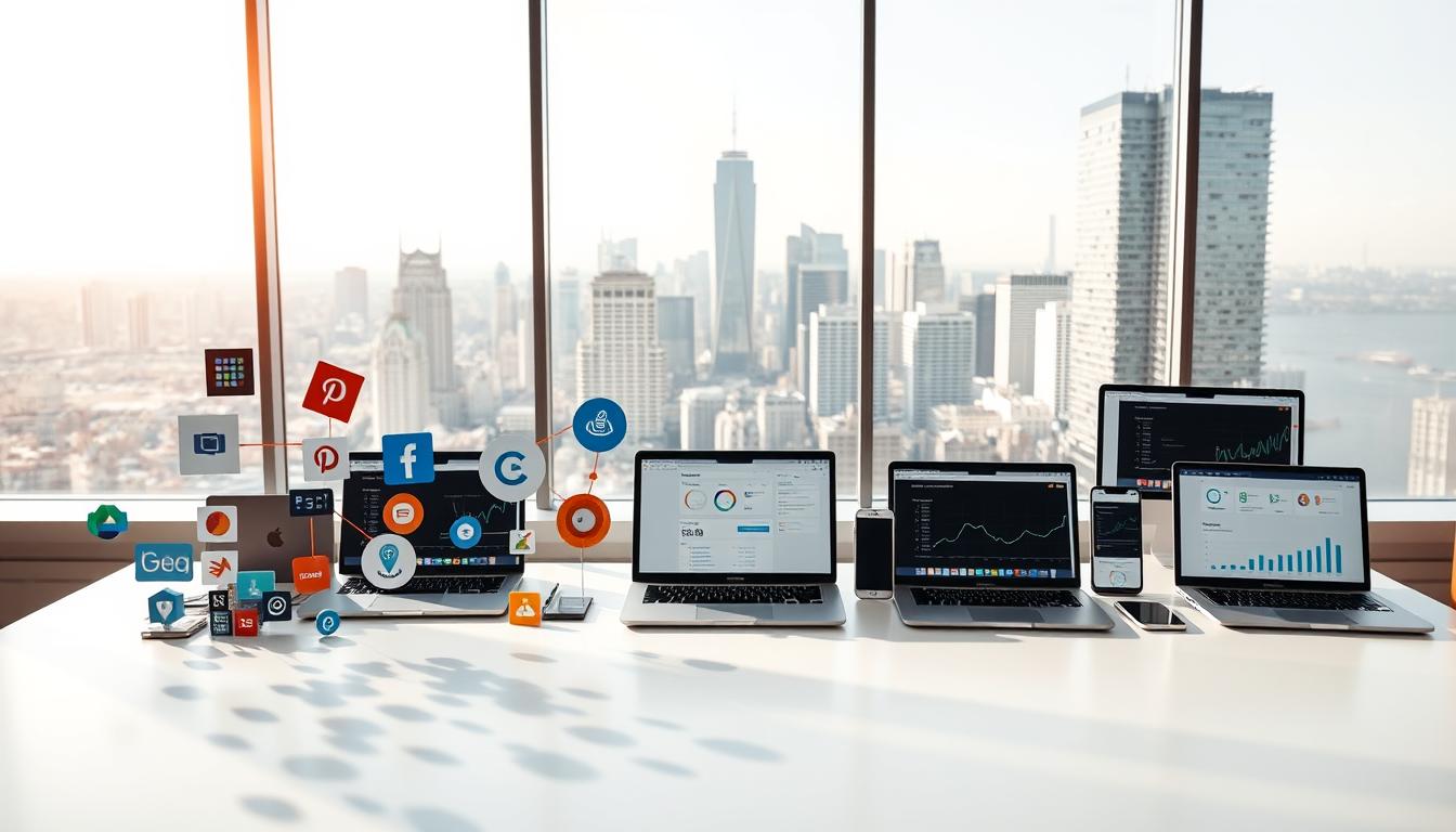 A group of diverse SEO tools arranged on a sleek, minimalist desk. In the foreground, various software icons and logos hover above a clean, white surface, casting subtle shadows. The middle ground features several open laptops and mobile devices, each displaying analytical dashboards and performance metrics. In the background, a large window overlooking a bustling city skyline, with warm, natural lighting streaming in, creating a sense of productivity and innovation. The overall mood is one of efficiency, collaboration, and technological prowess, perfectly capturing the essence of "group buy SEO tools."
