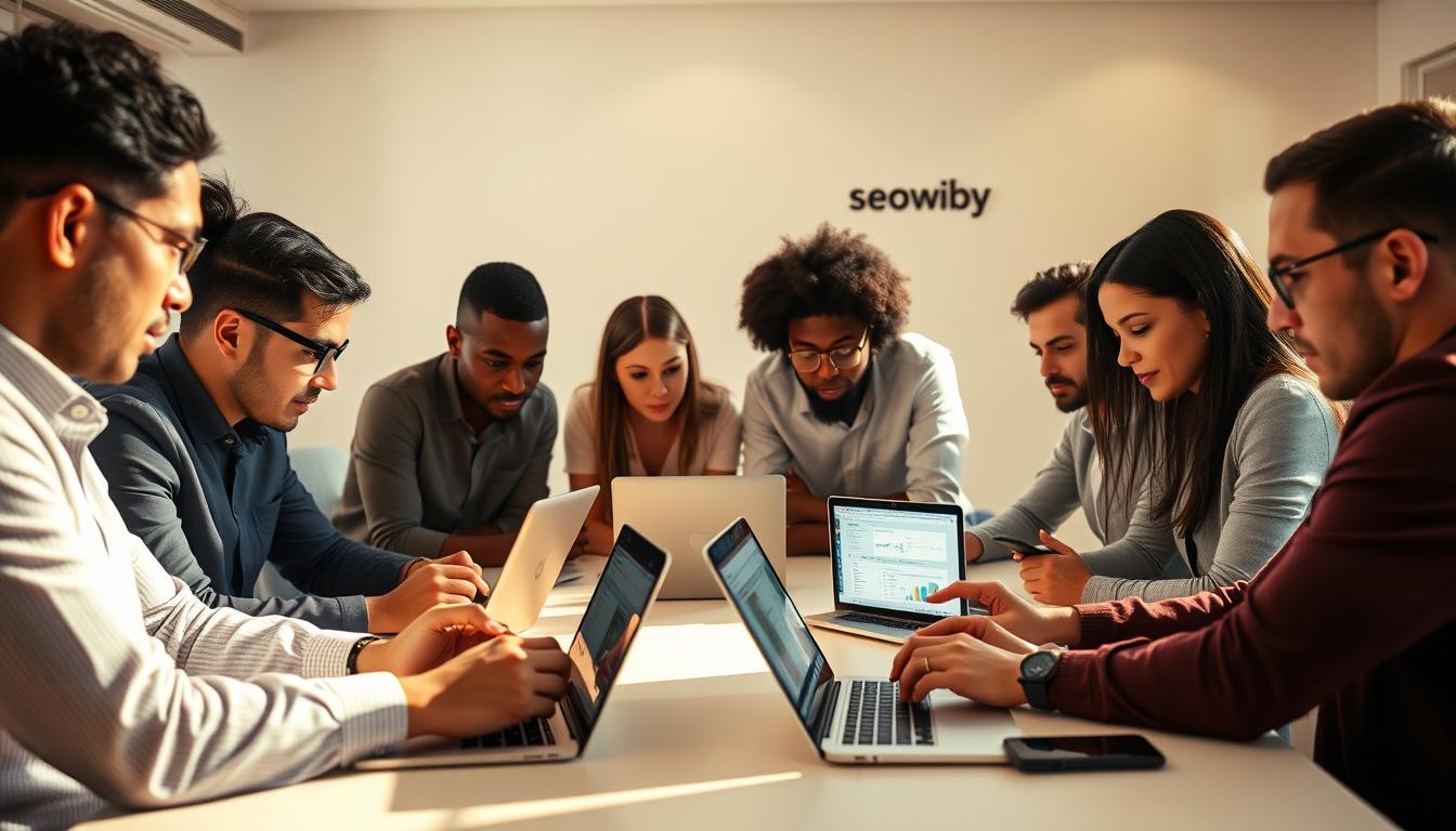 A group of diverse business professionals collaborating over a large table, studying various SEO tools and software displayed on their laptops and mobile devices. The scene is bathed in warm, directional lighting, casting subtle shadows and highlights that accentuate the concentration and engagement of the participants. The background features a modern, minimalist office space with clean lines, neutral tones, and subtle branding elements that suggest a tech-savvy, innovative environment. The overall mood conveys a sense of productive synergy, as the team explores the benefits and capabilities of the "group buy SEO tools" they are evaluating.