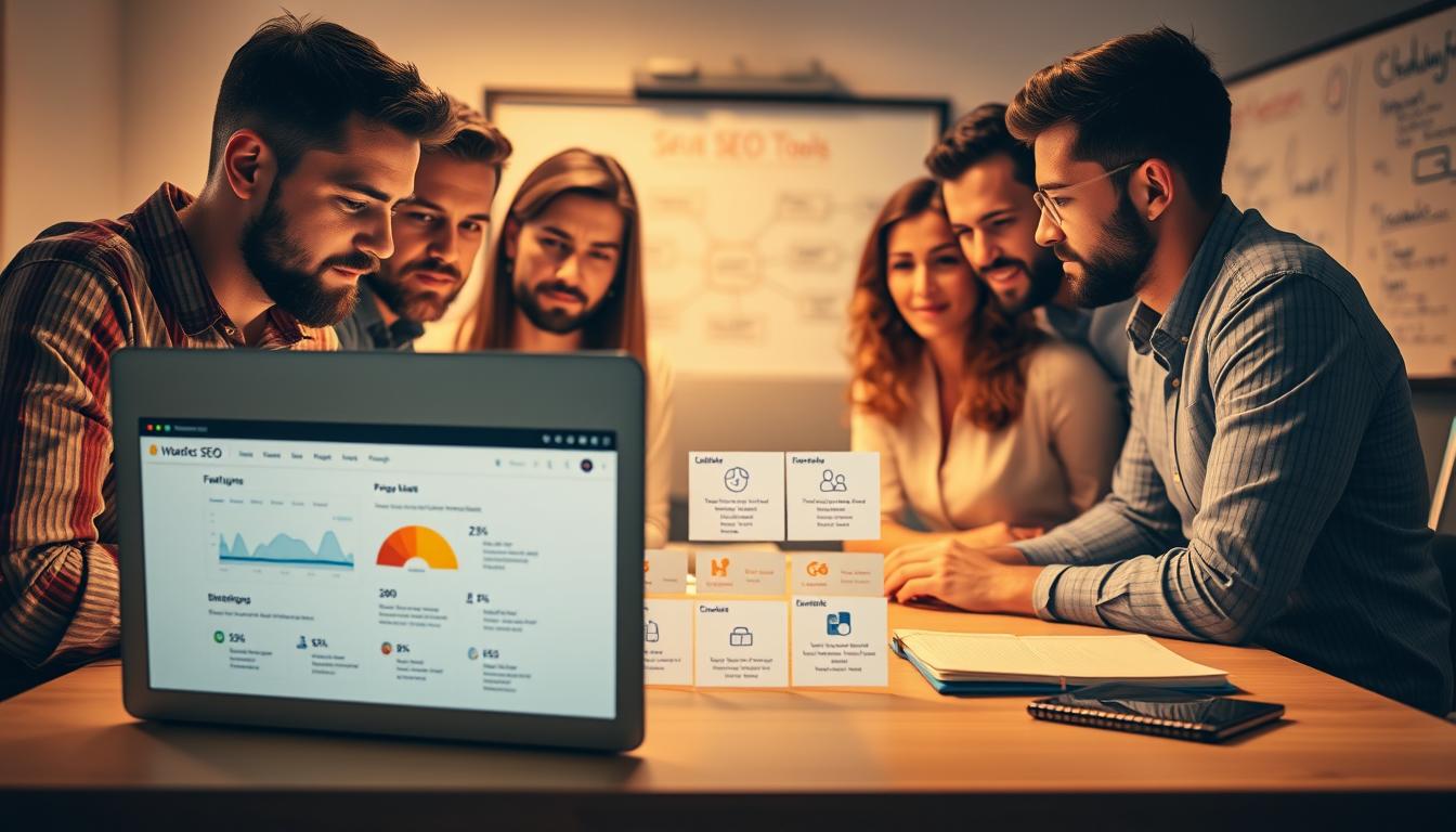 A group of individuals gathered around a table, examining an array of SEO tools displayed before them. The scene is illuminated by warm, focused lighting, accentuating the concentration and collaboration on their faces. In the foreground, a laptop showcases a detailed analysis of the tools' features and pricing, while in the background, a whiteboard displays a mind map of SEO strategies. The composition is balanced, with a sense of depth and perspective, capturing the essence of a group buy for SEO tools.