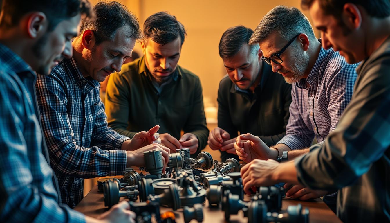 A group of individuals gathered around a table, meticulously examining and discussing various mechanical components. The scene is illuminated by warm, directional lighting, casting subtle shadows and highlights that accentuate the intricate details of the parts. The focus is on the collaborative nature of the group, with each person contributing their unique expertise to the understanding of the group buy model mechanics. The background is slightly blurred, emphasizing the intense concentration and engagement of the participants. The overall atmosphere is one of thoughtful analysis and problem-solving, reflecting the subject matter of the article section.