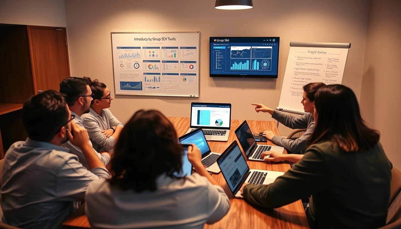 A group of people seated around a wooden table, intently studying various SEO software tools displayed on laptop screens and a large wall-mounted monitor. The room is well-lit, with soft, warm lighting from overhead fixtures, creating a collaborative and focused atmosphere. The group members, dressed in a mix of casual and business attire, engage in animated discussions, pointing at charts and graphs as they explore the features and functionalities of the tools. In the background, a whiteboard showcases an outline of the "Introduction to Group Buy SEO Tools" presentation, providing context for the scene. The overall mood is one of productive exchange, as the team works together to understand and maximize the potential of these group buy SEO tools. "group buy SEO tools explained"