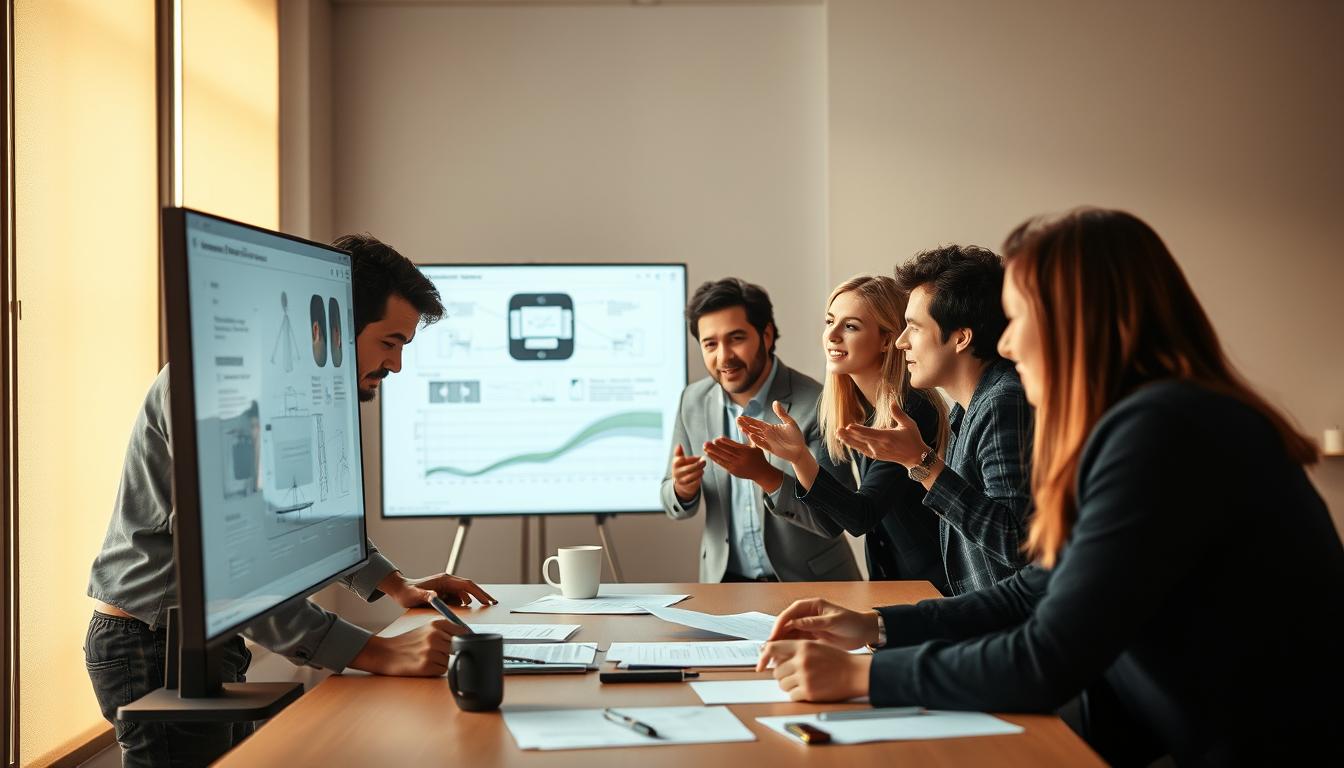 A group of professionals gathered around a table, discussing strategies and ideas for a collaborative product development project. The scene is bathed in warm, natural lighting, creating a cozy and productive atmosphere. In the foreground, three individuals lean in, their expressions focused and engaged, as they review design sketches and digital mockups projected onto a large screen. In the middle ground, two others converse animatedly, gesturing with their hands as they share insights and feedback. The background is softly blurred, hinting at a modern, minimalist office space, with clean lines and muted tones that allow the group's interaction to take center stage. The overall mood is one of collaboration, creativity, and a shared sense of purpose. Prompt