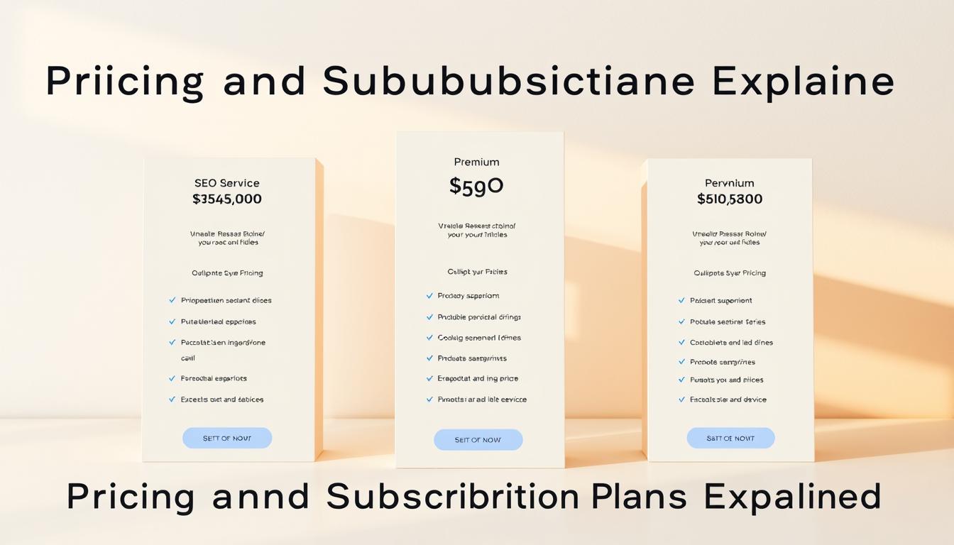 A group of sleek, modern pricing plans for a premium SEO service, displayed on a clean, minimalist UI. The foreground showcases three tiered plans with clear, concise details on features and pricing. The middle ground features subtle background textures and gradients, adding depth and sophistication. The background is a soft, muted palette, allowing the pricing plans to take center stage. Warm, directional lighting casts subtle shadows, creating a sense of depth and dimensionality. The overall mood is professional, elegant, and visually appealing, perfectly suited to illustrate the "Pricing and Subscription Plans Explained" section of the article.