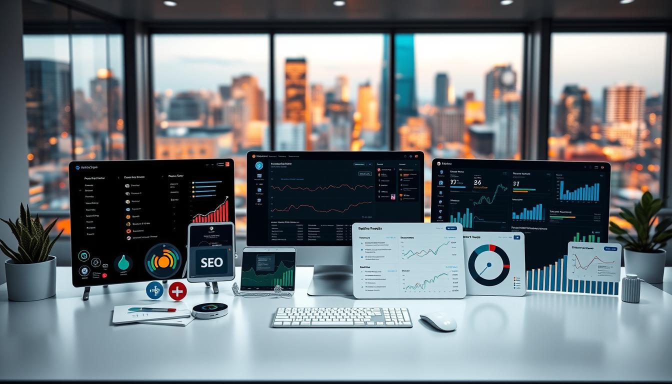 A group of state-of-the-art SEO tools arranged on a sleek, minimalist desktop. In the foreground, various icons and interfaces representing diverse features like keyword research, on-page optimization, and competitor analysis. The middle ground showcases detailed analytics dashboards and reporting modules, bathed in a warm, soft light. In the background, a blurred cityscape visible through a large window, symbolizing the real-world impact of these powerful digital marketing solutions. The scene conveys a sense of productivity, efficiency, and the cutting edge of search engine optimization.