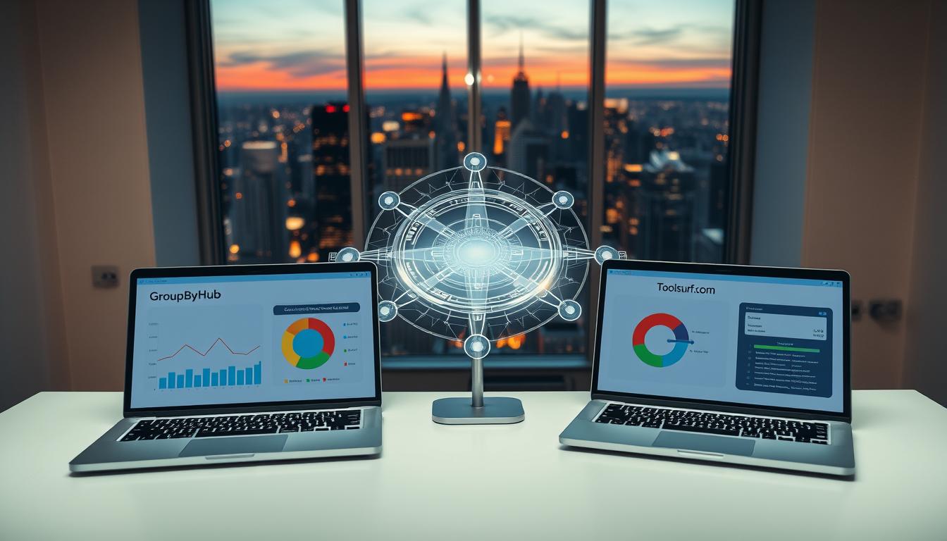 A high-angle, wide-shot photograph of a modern, minimalist workspace. In the foreground, two laptop computers display comparison charts for GroupBuyHub and Toolsurf.com SEO tools. The middle ground features a stylized, holographic interface with data visualizations and analytics. In the background, a window reveals a vibrant city skyline at dusk, bathed in warm, golden lighting. The overall mood is one of productivity, innovation, and technological sophistication. group buy SEO tools comparison