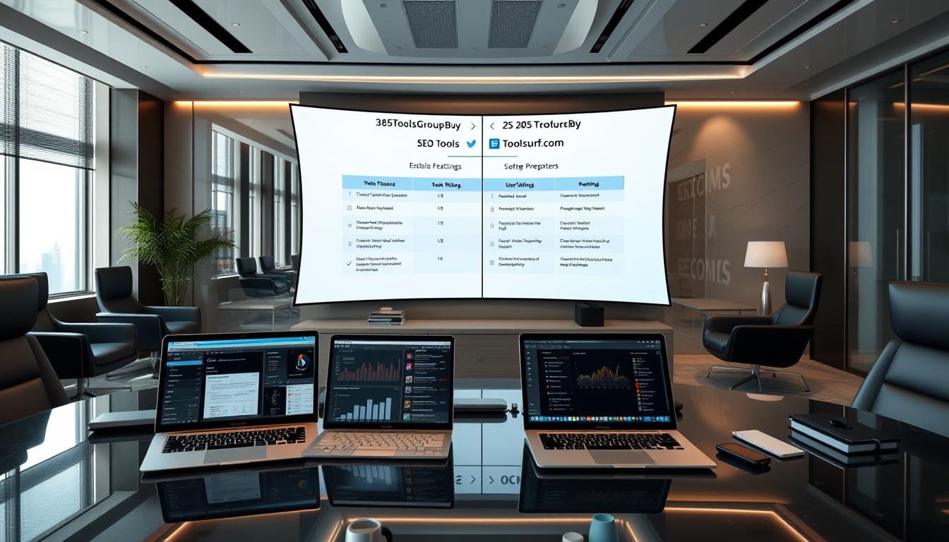 A high-end office setting with sleek, modern furniture and sophisticated lighting. On the desk, several state-of-the-art SEO tools are displayed, their interfaces showcasing detailed analytics and performance data. In the background, a large, curved monitor displays a side-by-side comparison of the "365ToolsGroupBuy" and "Toolsurf.com" platforms, highlighting their features, pricing, and user ratings. The scene conveys a sense of professionalism, efficiency, and data-driven decision making.