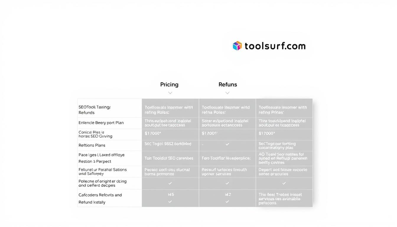 A high-resolution, detailed comparison table showcasing the pricing, plans, and refund policies of two leading SEO tools, NoxTools and Toolsurf.com, against a clean, minimalist background. The table is presented in a sleek, modern design with clear, legible typography. The image has a professional, informative feel, with a focus on clarity and ease of comparison. The lighting is soft and even, highlighting the table's elements without distracting shadows or glare. The camera angle is slightly elevated, providing a clear, unobstructed view of the comparison table. The overall mood is one of efficiency and utility, designed to support the informational needs of the article's audience. Alt-text: SEO tools pricing comparison