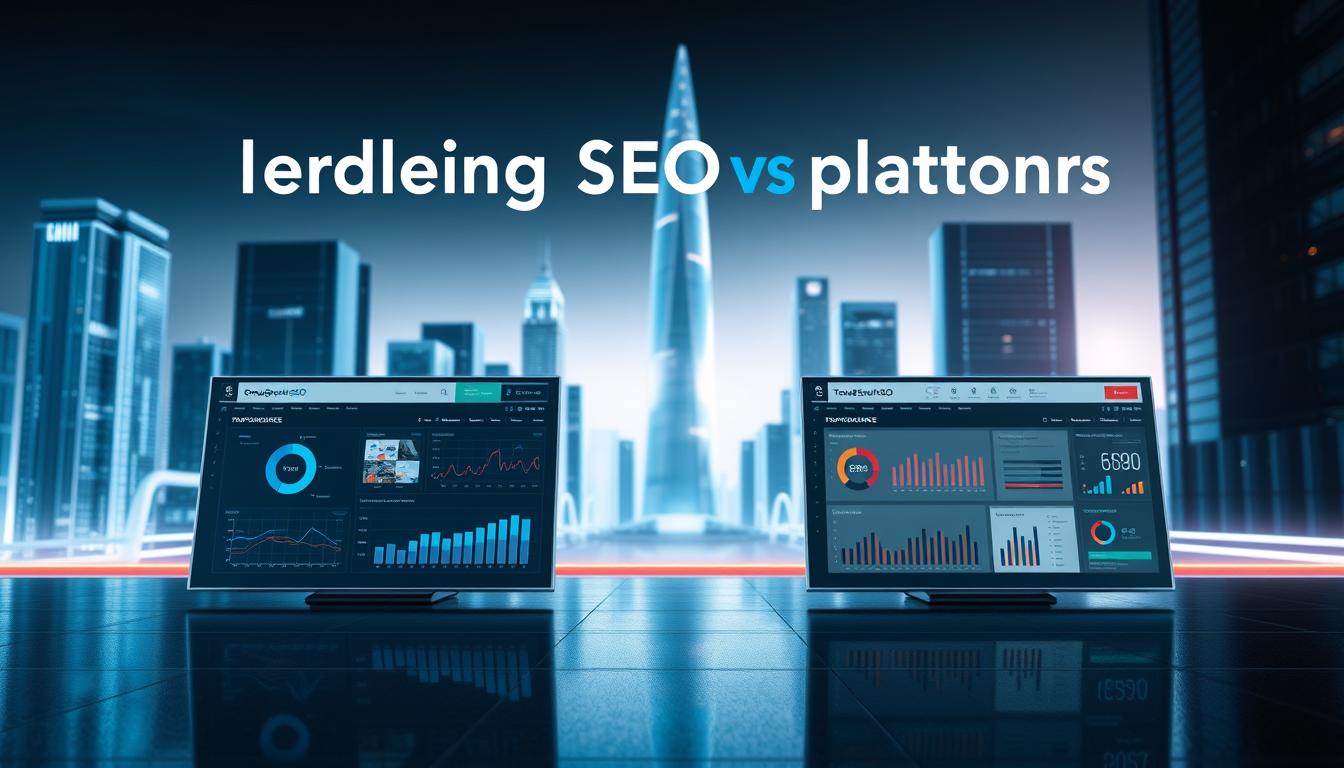 A high-tech comparison of the leading SEO platforms, GroupExpertsSEO and Toolsurf.com, set against a sleek, futuristic backdrop. In the foreground, two sleek, minimalist dashboards display key performance metrics and data visualizations. The middle ground features stylized icons and infographic elements highlighting the core features and capabilities of each platform. In the background, a cityscape of gleaming skyscrapers and advanced infrastructure conveys a sense of progress and innovation. Dramatic lighting creates depth and atmosphere, with cool, metallic tones and subtle reflections. The overall scene exudes a sense of technological sophistication and data-driven decision making. Alt-text: SEO platform comparison