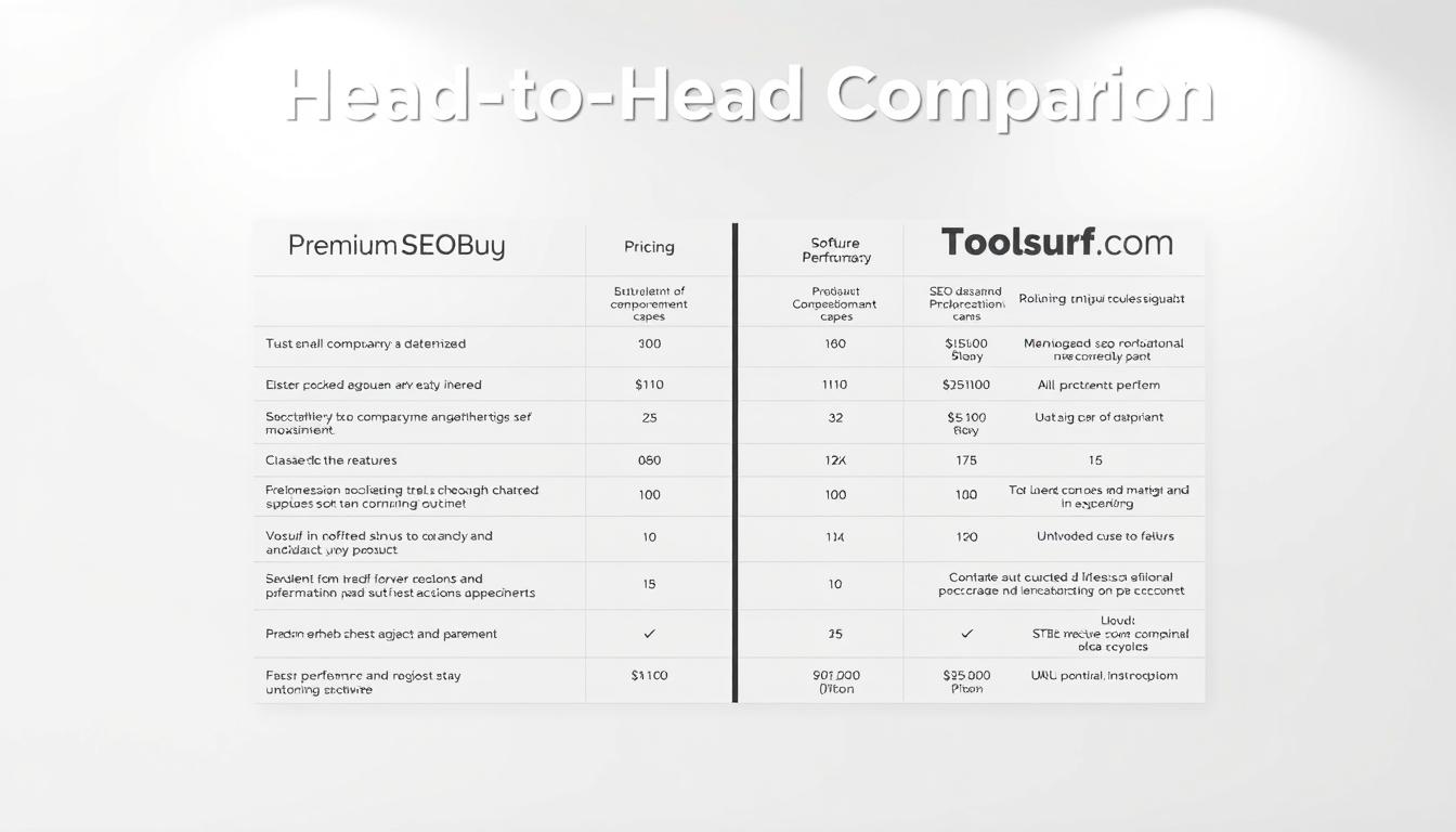 A highly detailed, photorealistic comparison chart showcasing the key features, pricing, and performance metrics of the leading SEO software platforms PremiumSEOBuy and Toolsurf.com. The chart is presented on a sleek, minimalist white background, allowing the data to take center stage. The chart itself is rendered with crisp, clean typography and precise data visualization, creating a professional and informative display. Subtle ambient lighting casts a soft glow, enhancing the high-quality, premium feel of the image. The overall tone is one of authority and trust, perfectly suited to illustrate the "Head-to-Head Comparison" section of the article.
