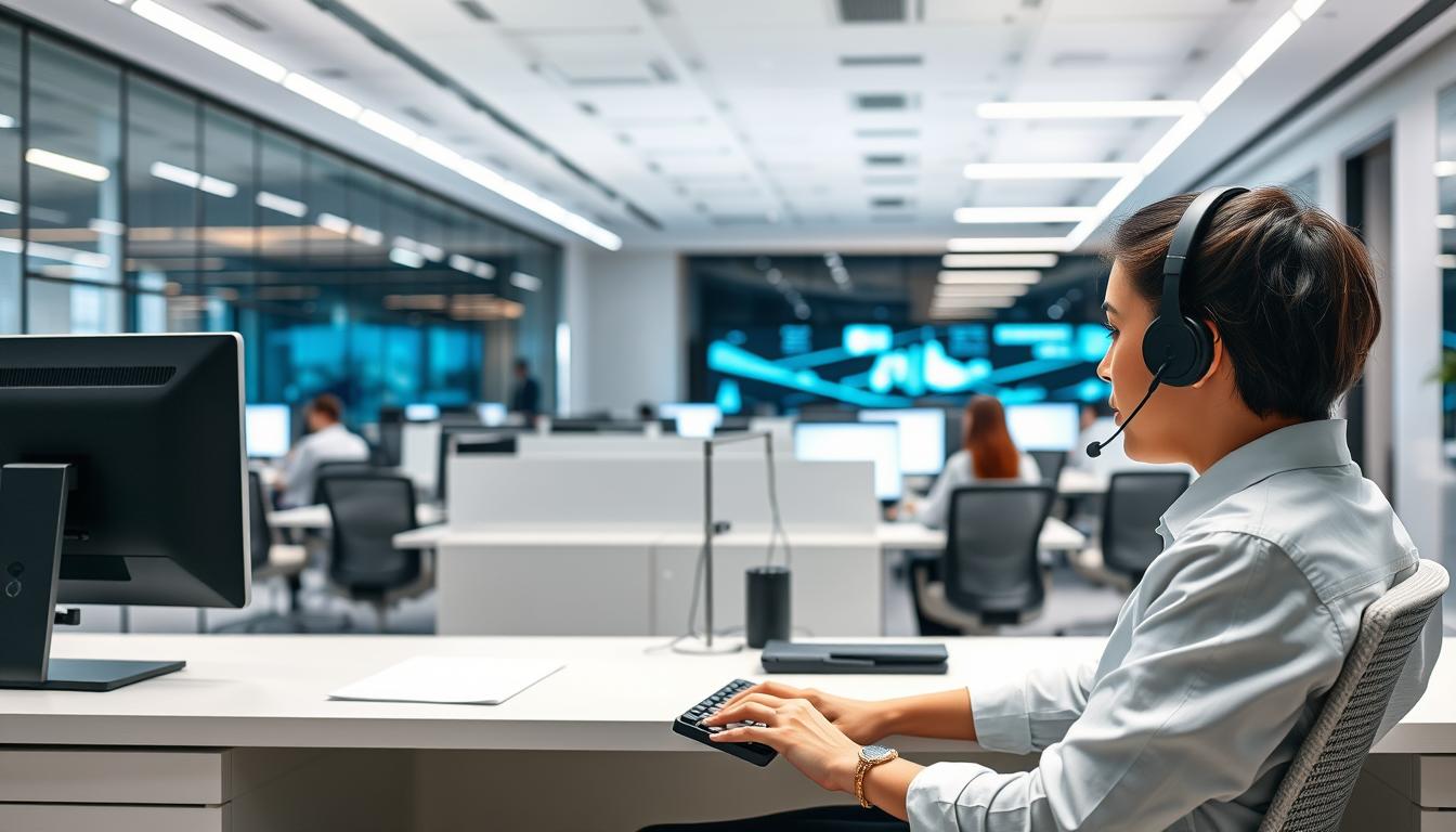 A modern and efficient 24/7 customer support experience. In the foreground, a minimalist, well-lit workspace with a desk, computer, and headset-wearing agent providing attentive assistance. In the middle ground, a clean and organized call center with multiple agents handling inquiries. The background depicts a sleek, high-tech office environment with large displays, ambient lighting, and a sense of professionalism and productivity. The overall atmosphere conveys a seamless, responsive, and user-centric support system, catering to the needs of a tech-savvy audience.