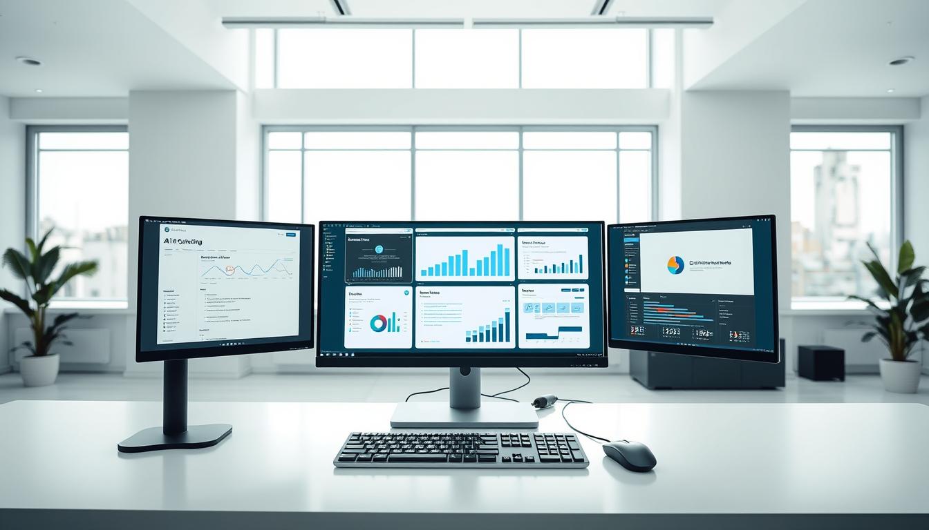 A modern, minimalist digital workspace with an array of SEO tools and AI content generators displayed on multiple high-resolution monitors. The foreground features a sleek, monochrome desk setup with a powerful desktop computer, ergonomic keyboard and mouse. The middle ground showcases various software interfaces, analytics dashboards and optimization utilities, all neatly organized. In the background, a clean, airy environment with large windows, allowing natural light to flood the space, creating a productive and efficient atmosphere. The overall scene conveys a sense of technology, innovation and a focus on data-driven marketing solutions. SEO tools and AI content generators