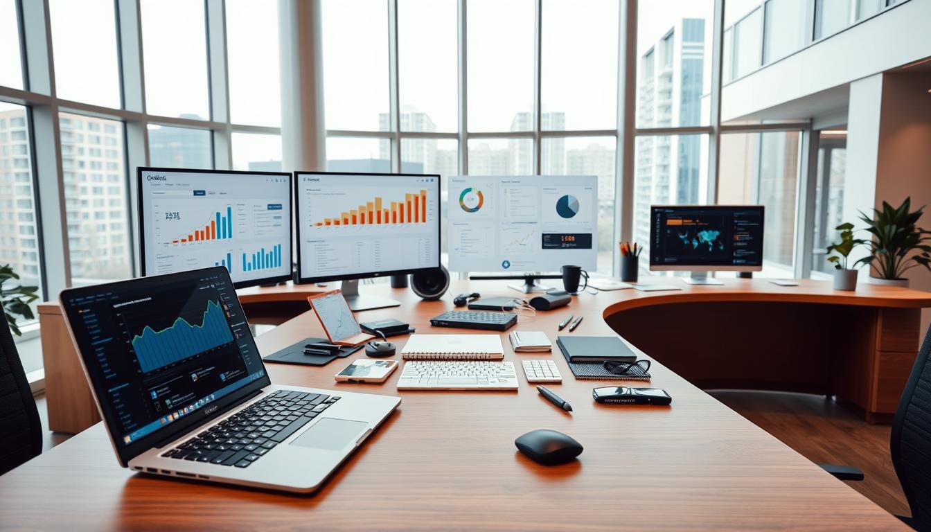 A modern, sleek office setting with a large, curved desk showcasing an array of digital marketing and SEO tools. In the foreground, a high-end laptop, a tactile keyboard, and a state-of-the-art monitor display analytics dashboards and keyword research interfaces. In the middle ground, a variety of productivity apps, keyword tracking software, and content creation tools are neatly organized on the desk. The background features floor-to-ceiling windows, allowing natural light to flood the space and create a sense of openness and innovation. The overall atmosphere is one of efficiency, productivity, and a commitment to digital marketing success.