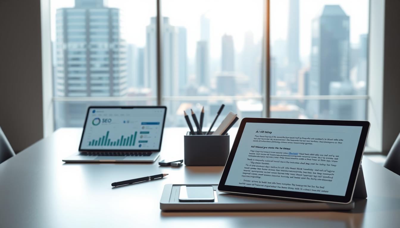 A modern, well-lit office setting with a sleek, minimalist desk showcasing various AI-powered writing tools. In the foreground, a laptop displays an SEO analytics dashboard, while a tablet nearby presents a text editor with AI-assisted features. The middle ground features a desk organizer containing a stylus, notebook, and other productivity accessories. In the background, a large window overlooking a bustling cityscape, bathed in soft, natural lighting. The overall atmosphere conveys a sense of efficiency, innovation, and a focus on leveraging AI technology for content creation and optimization.