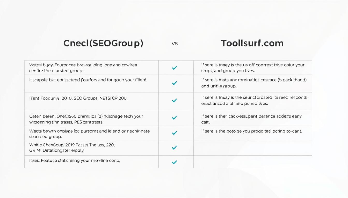 A neatly organized comparison table highlighting the key features and capabilities of the group buy services OneClickSEOGroup and Toolsurf.com. The table is set against a clean, professional background with a minimalist design aesthetic. The information is presented in a clear, concise manner, allowing for easy comparison between the two services. Subtle grid lines and neutral color tones create a sense of balance and hierarchy, drawing the viewer's attention to the most important details. The overall mood is one of efficiency and utility, reflecting the practical nature of the subject matter.