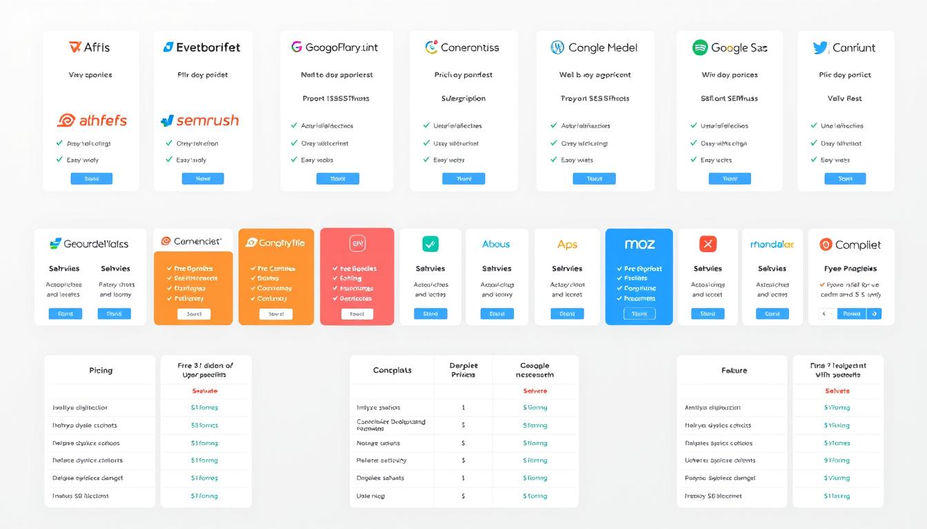 A neatly organized grid of various SaaS-based SEO tools, their pricing plans, and subscription options, all captured in a clean, modern layout. The foreground showcases a selection of popular tools like Ahrefs, SEMrush, and Moz, each with their respective pricing tiers and feature breakdowns. The middle ground presents a comparison table highlighting the key differences in functionality and cost across the tools. In the background, a soft, gradient-based color scheme creates a professional, enterprise-level atmosphere, emphasizing the accessible and affordable nature of these powerful SEO solutions. The overall impression conveys a comprehensive and visually appealing overview of the pricing landscape for modern, data-driven SEO toolkits. affordable SEO tools pricing
