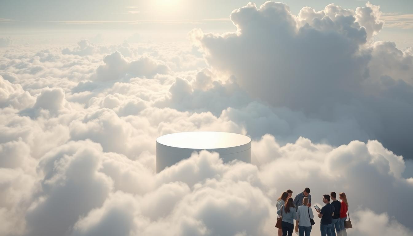 A serene, cloud-covered landscape with a sleek, minimalist platform floating amidst the wispy formations. The platform features a simple, yet elegant design with a clean, white aesthetic and smooth curves. Sunlight filters through the clouds, casting a warm, diffused glow over the scene. In the foreground, a group of people are gathered around the platform, collaborating and sharing ideas. The atmosphere is one of tranquility and productivity, reflecting the cloud-based, collaborative nature of the group-buy platform. The entire scene is captured with a wide-angle lens, providing a sense of depth and scale. cloud-based group-buy platform