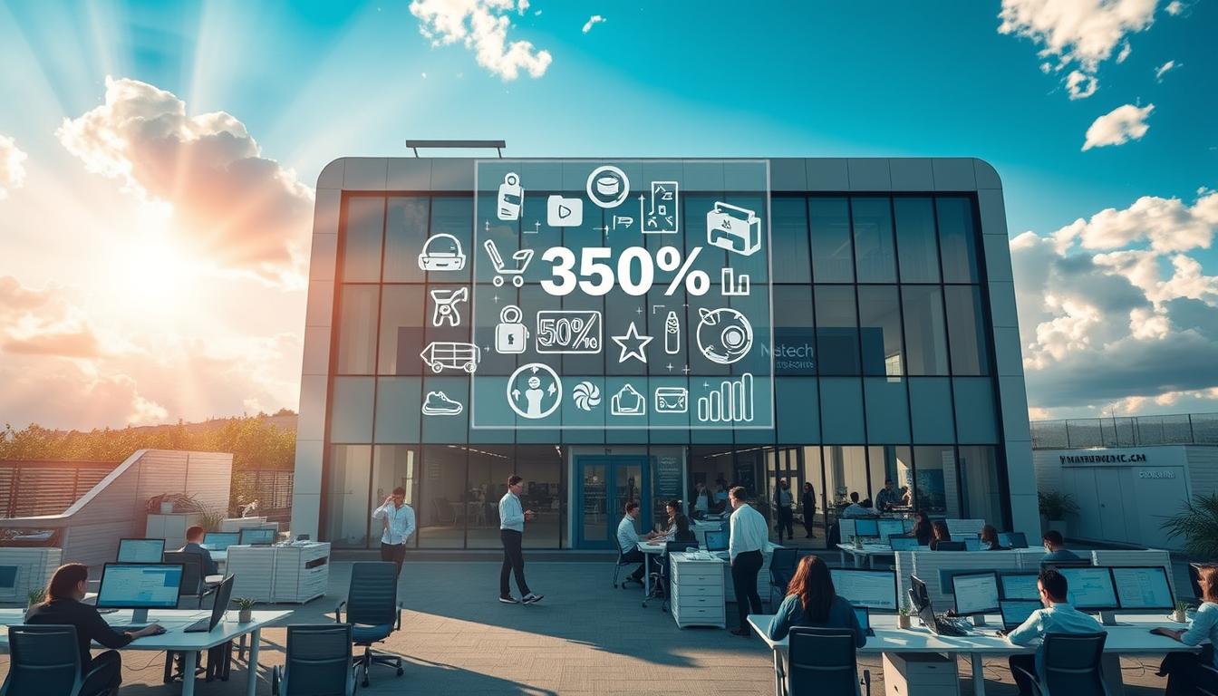 A serene, cloud-filled sky hovers above a sleek, modern office building, its facade adorned with minimalist branding. Sunlight streams through large windows, illuminating the bustling activity within. Employees collaborate at stylish workstations, laptops open and screens displaying intricate data visualizations. In the center, a holographic interface projects a virtual marketplace, showcasing an array of discounted products available through Toolsurf.com's innovative group-buying platform. The atmosphere exudes efficiency, technology, and a sense of collaborative commerce, perfectly capturing the essence of Toolsurf.com's cloud-based group-buying solution.
