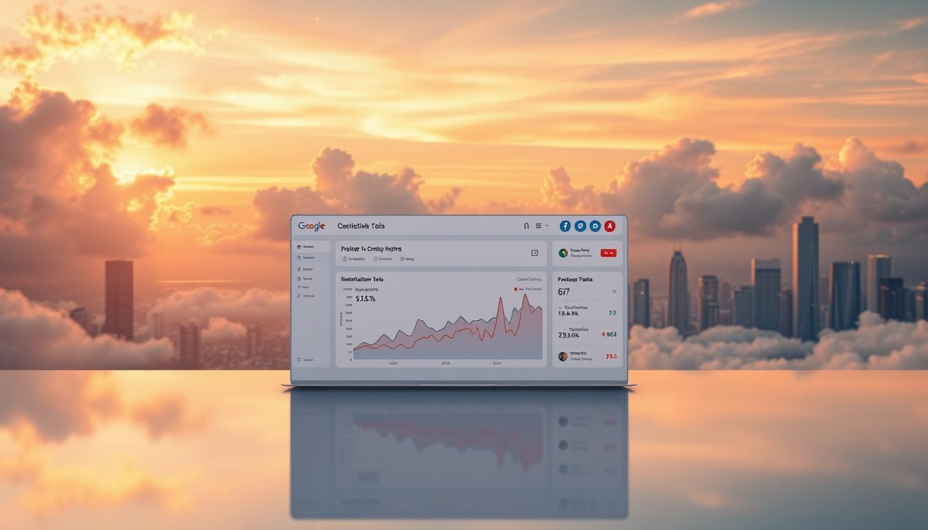 A serene, cloud-filled sky with a vibrant, futuristic cityscape in the background. In the foreground, a sleek, minimalist dashboard displays various SEO analytics and optimization tools, their icons glowing softly. The dashboard is positioned on a reflective surface, creating a sense of depth and dimension. Soft, warm lighting bathes the scene, lending an air of sophistication and innovation. The overall atmosphere conveys the power and flexibility of cloud-based SEO tools, perfectly complementing the section title "What Makes Toolsurf Unique?"