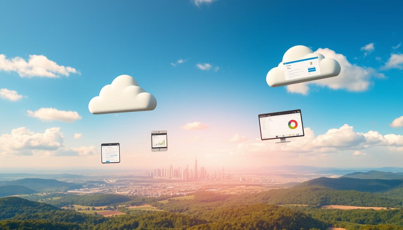 A serene, cloud-filled sky with a vibrant, sun-dappled landscape below. In the foreground, a selection of modern, minimalist cloud-based SEO tools hover effortlessly, their sleek interfaces and intuitive controls reflecting the convenience and accessibility of a new generation of digital marketing solutions. The middle ground features a bustling city skyline, symbolizing the urban hubs where modern marketers thrive, while the background showcases a panoramic view of rolling hills and lush forests, conveying a sense of natural harmony. Warm, diffused lighting casts a soft, inviting glow, creating an atmosphere of productivity and innovation. Alt-text: Cloud-based SEO tools