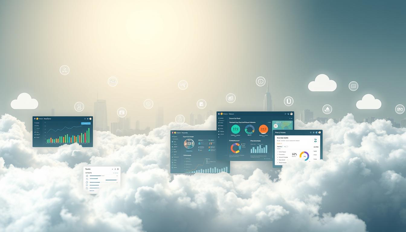 A serene digital landscape filled with various cloud-based SEO tools, their icons and interfaces floating amidst wispy, ethereal clouds. In the foreground, a sleek, modern dashboard with intuitive controls and visualizations for monitoring keyword rankings, website traffic, and analytics. In the middle ground, a collection of tool windows showcasing features like content optimization, backlink analysis, and competitor research. The background depicts a minimalist cityscape of skyscrapers and data centers, symbolizing the interconnected, cloud-based nature of these SEO solutions. Lighting is soft and diffused, creating a sense of calm productivity. The overall tone is one of efficiency, clarity, and technological sophistication. cloud-based SEO tools