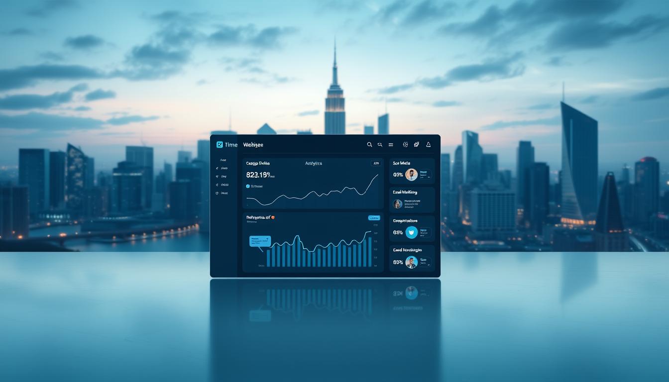 A serene digital landscape showcasing Webjinnee's cutting-edge marketing platform features. In the foreground, a sleek dashboard displays real-time analytics and campaign performance metrics, illuminated by soft, diffused lighting. The middle ground features modular widgets for social media integration, email marketing, and lead generation tools, all seamlessly connected. In the background, a cityscape of skyscrapers and tech hubs symbolizes the platform's global reach and enterprise-level capabilities. The scene conveys a sense of sophistication, efficiency, and the power of data-driven decision making.