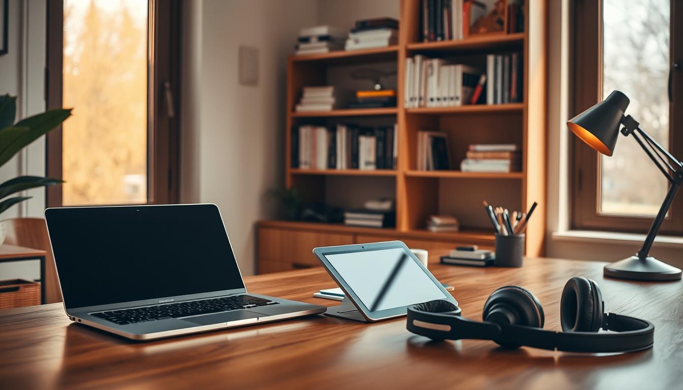 A serene home office setup, bathed in warm, natural lighting from a large window. On the wooden desk, an array of productivity tools are neatly arranged - a sleek laptop, a tablet with stylus, a high-quality webcam, and a pair of over-ear headphones. Shelves on the wall behind display a selection of reference books and neatly organized stationery. The atmosphere is one of focused, yet comfortable, productivity. A sense of order and intentionality pervades the scene, inviting the viewer to imagine themselves learning and working in this inspiring space. Alt-text: Learning Productivity Tools