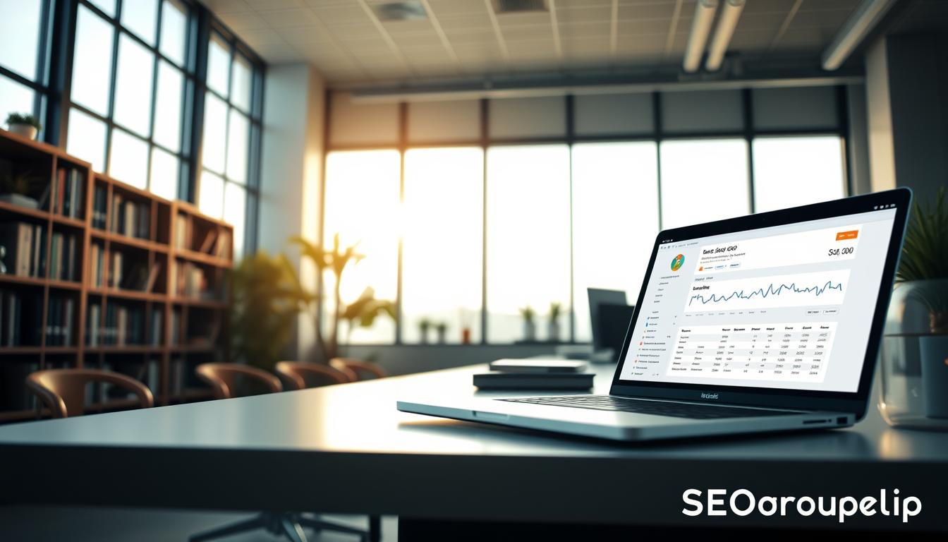 A serene office setting, bathed in warm natural light from large windows. In the foreground, a sleek laptop displays a local SEO dashboard, showcasing key metrics and insights. Nearby, a professional seated at a minimalist desk, intently focused on optimizing local search strategies. Bookshelves line the walls, hinting at the wealth of industry knowledge. The overall atmosphere conveys expertise, efficiency, and a dedication to delivering top-notch local SEO services. A subtle, yet impactful representation of the SEOGroupZip brand and its commitment to helping businesses thrive in their local markets.