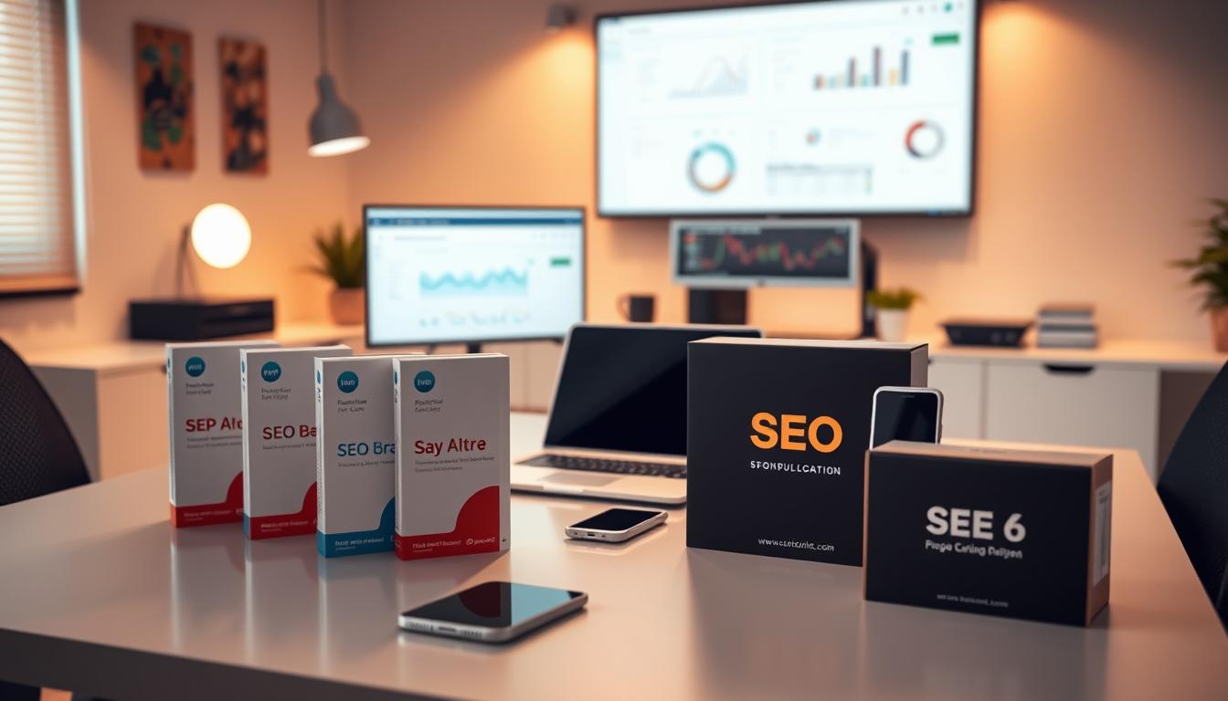 A serene office setting with an array of digital tools and devices arranged on a sleek, minimalist desk. Warm, directional lighting casts a soft glow, creating an atmosphere of focused productivity. In the foreground, several state-of-the-art SEO software packages are prominently displayed, their interfaces and logos clearly visible. The middle ground features a laptop, tablet, and smartphone, all connected and synchronizing data. In the background, a large monitor displays analytics dashboards and optimization metrics. The overall scene conveys the efficiency and collaboration of a group-sourced suite of SEO tools. group buy SEO tools