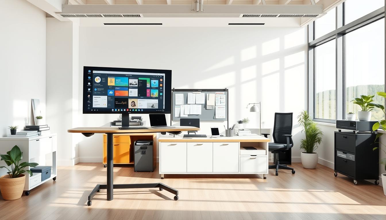 A serene office space filled with modern, streamlined productivity solutions. In the foreground, an ergonomic standing desk with a sleek, minimalist design and a large monitor displaying productivity apps. In the middle ground, an array of neatly organized storage and organizational tools, including a digital task board and a wireless charging station. The background features floor-to-ceiling windows that flood the room with natural light, creating a bright and airy atmosphere. The overall scene conveys a sense of efficiency, simplicity, and a focus on optimizing the user's workflow. scalable productivity solutions
