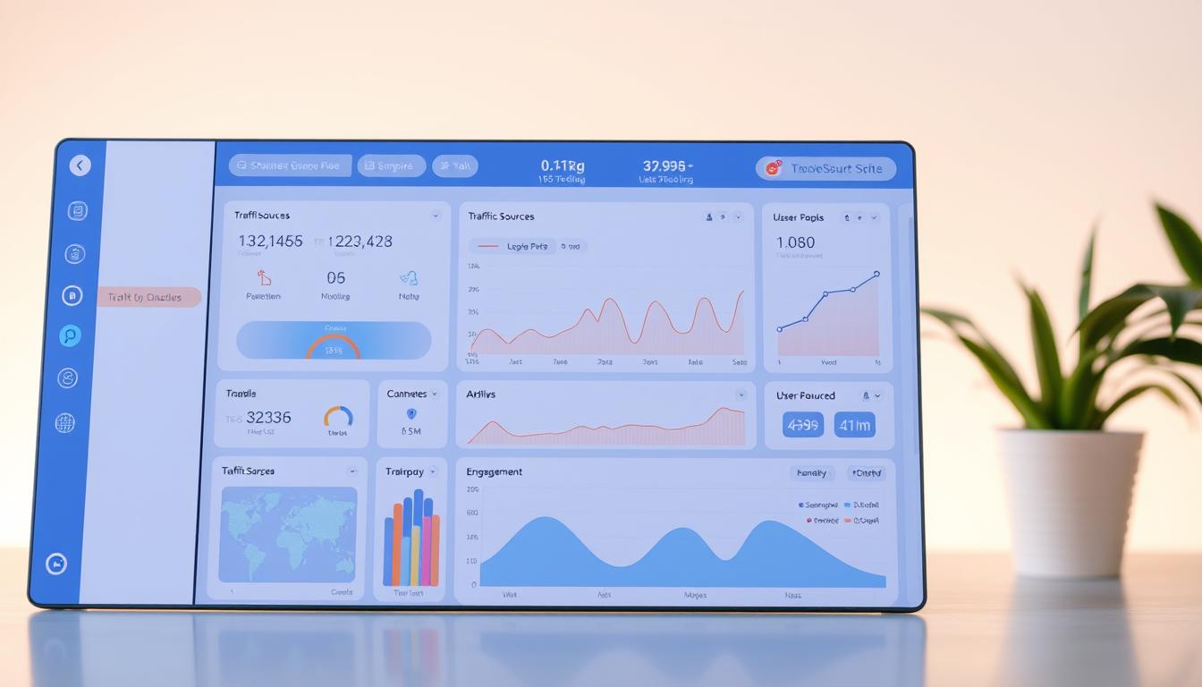 A sleek and modern dashboard display for the Toolsurf platform, showcasing an intuitive user interface with crisp, high-resolution graphs and charts. The foreground features a clean, minimalist design with clearly labeled metrics and customizable widgets. The middle ground presents a detailed overview of key performance indicators, traffic sources, and user engagement data. The background subtly blends a soft, gradient-based color scheme, conveying a sense of professionalism and digital sophistication. Lighting is balanced, with a warm, natural-looking glow that enhances the overall aesthetics. The camera angle is slightly angled, providing a dynamic and immersive perspective for the viewer. Toolsurf dashboard
