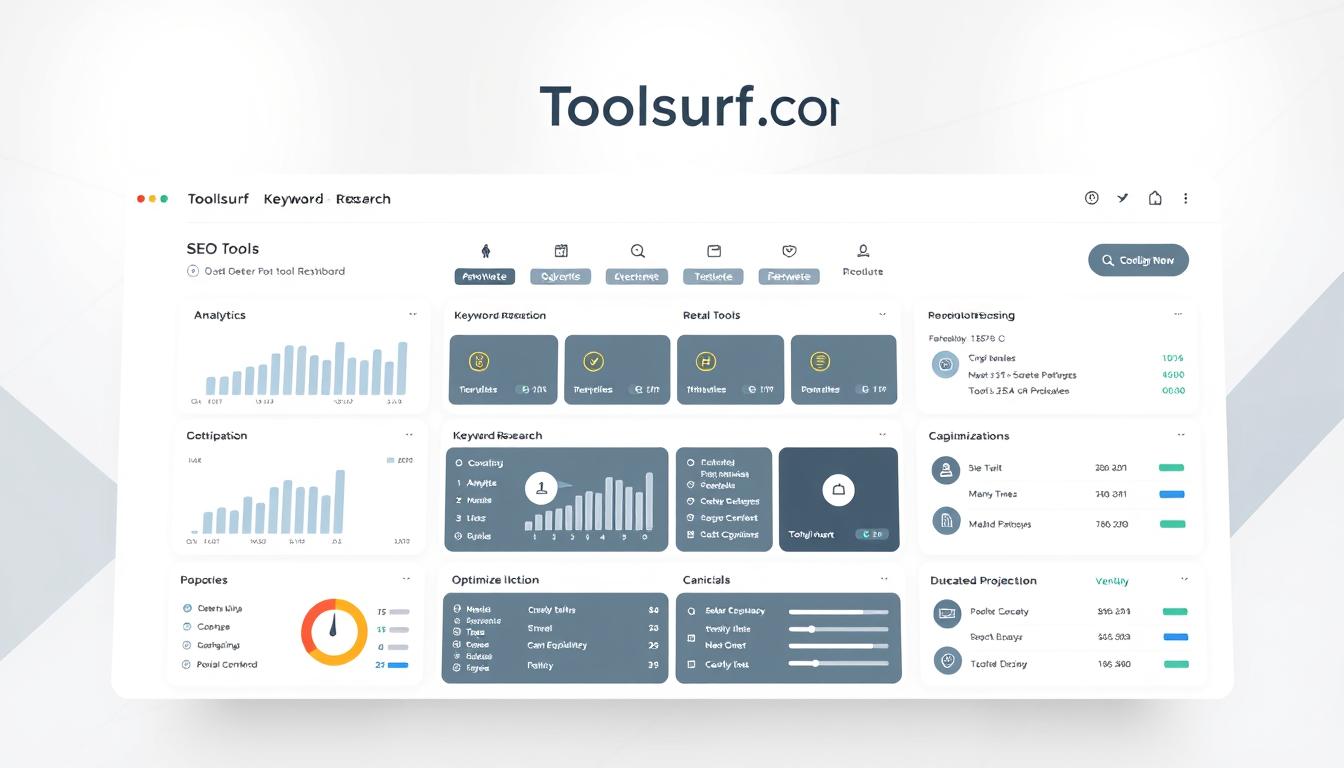 A sleek and modern dashboard interface of Toolsurf.com, showcasing a range of SEO tools against a minimalist white backdrop. In the foreground, a clean grid layout displays various analytics, keyword research, and optimization modules. The middle ground features intuitive controls and toggles, allowing seamless navigation through the suite of SEO utilities. The background subtly incorporates the Toolsurf.com branding, with muted tones and geometric patterns complementing the overall aesthetic. Soft, directional lighting enhances the clarity and professionalism of the display, creating a visually appealing and user-friendly experience. Keyword: Toolsurf.com dashboard