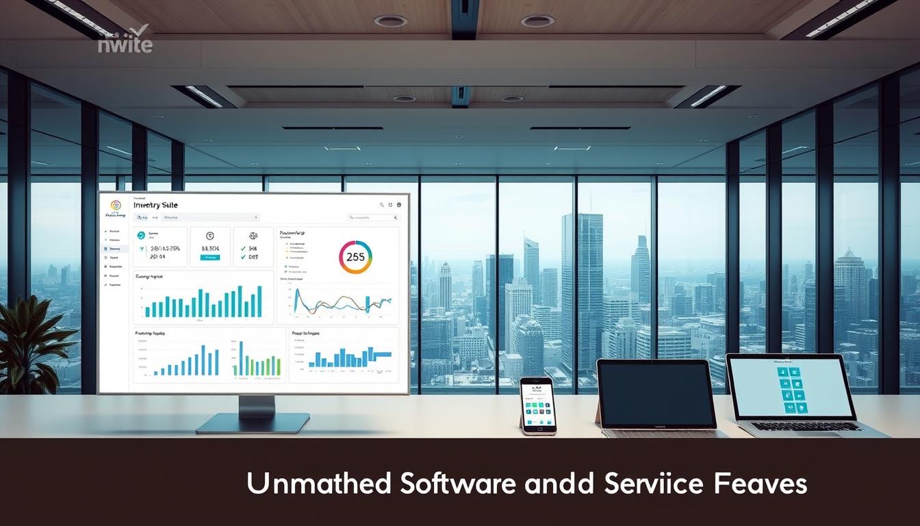 A sleek and modern software inventory management suite displayed in a sophisticated, well-lit office setting. In the foreground, a minimalist dashboard showcases real-time insights and analytics, with clean icons and intuitive interfaces. The middle ground features a row of laptops and mobile devices, representing the diverse platforms supported by the software. In the background, a floor-to-ceiling window overlooks a bustling cityscape, conveying a sense of scale and enterprise-level capabilities. The overall atmosphere is one of efficiency, professionalism, and technological prowess, perfectly capturing the "AllInOneGroupBuy: Unmatched Software and Service Features" section of the article. Prompt