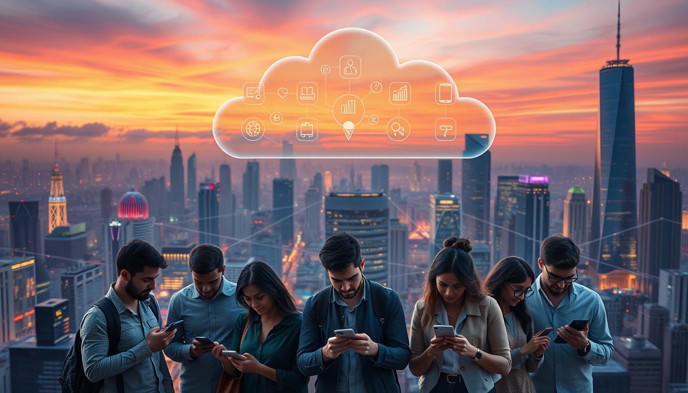 A sleek, cloud-based group buying platform floats above a bustling city skyline, its transparent interface and vibrant icons reflecting the dynamic energy of the modern digital marketplace. In the foreground, a group of diverse customers collaborate on their mobile devices, their expressions animated as they navigate the platform's intuitive menus and negotiate group discounts. The middle ground features a network of interconnected servers and data centers, their LED-lit components casting a soft, futuristic glow. In the background, towering skyscrapers and a vibrant sunset sky create a sense of scale and sophistication, hinting at the platform's global reach and technological prowess. The overall scene conveys a sense of innovation, efficiency, and the seamless integration of technology into everyday life. cloud-based group buying platform