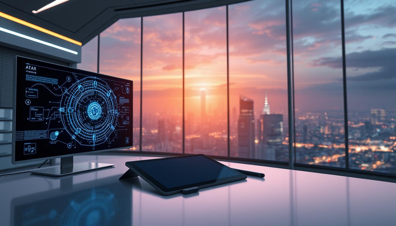 A sleek, futuristic workspace with an array of AI-powered content creation tools. In the foreground, a high-resolution display showcases a generative AI interface, its neural networks whirring to life. In the middle ground, a tablet and stylus rest on a minimalist desk, ready for digital art and design. The background features a vast window overlooking a cityscape, the sky aglow with a warm, cinematic lighting. The overall atmosphere conveys a sense of technological innovation and creative potential, capturing the essence of "Exploring AI-Powered Tools for Content and Creativity".