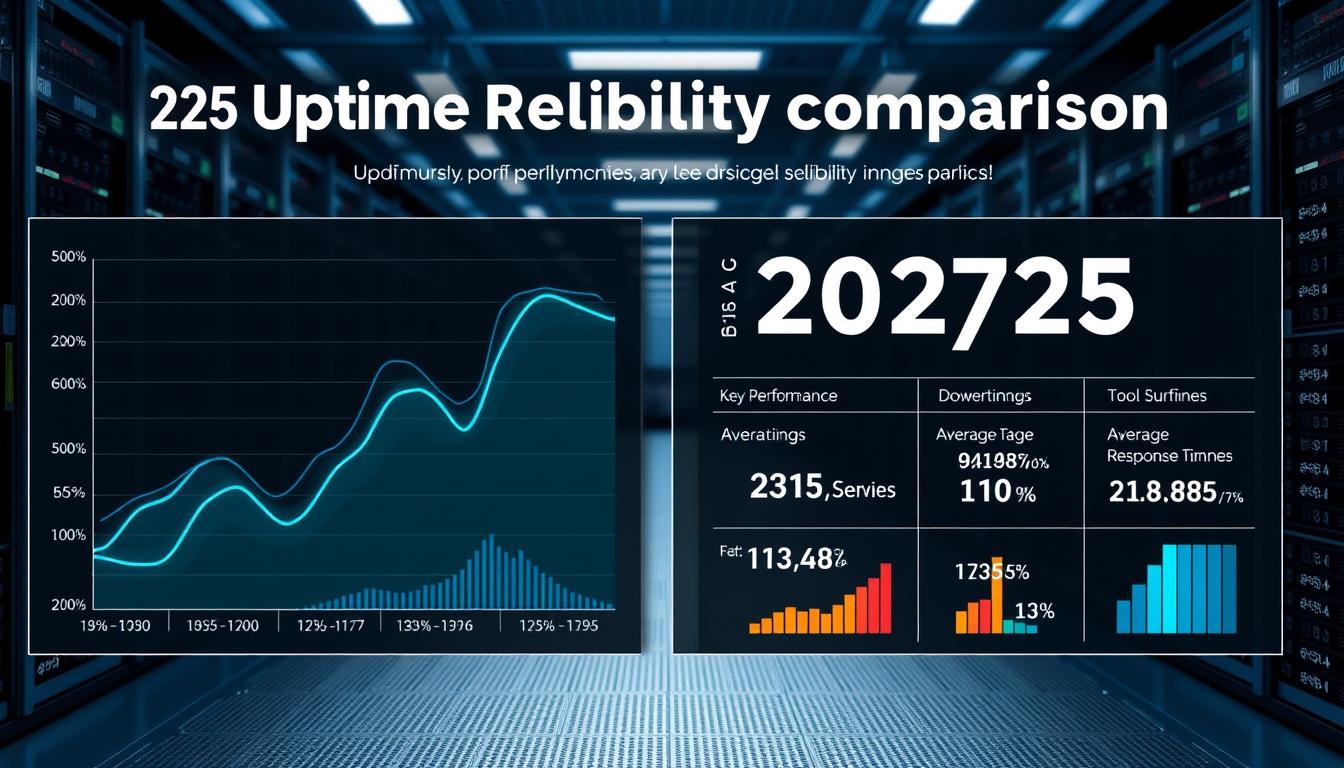 A sleek, high-tech infographic panel showcasing the 2025 uptime reliability comparison between Webjinnee and Toolsurf.com. The display features a clean, minimalist layout with bold typography and elegant data visualizations. In the foreground, a trio of line graphs track the historical uptime percentages of both services, their curves rising and falling in a captivating dance. The middle ground showcases key performance metrics like average response times and server downtimes, presented through crisp, color-coded statistics. The background subtly hints at the digital infrastructure powering these platforms, with a faint grid of servers and cables fading into the distance. The overall scene exudes a sense of technological sophistication and data-driven insights, complementing the article's focus on pricing, support, and performance. Uptime reliability comparison 2025