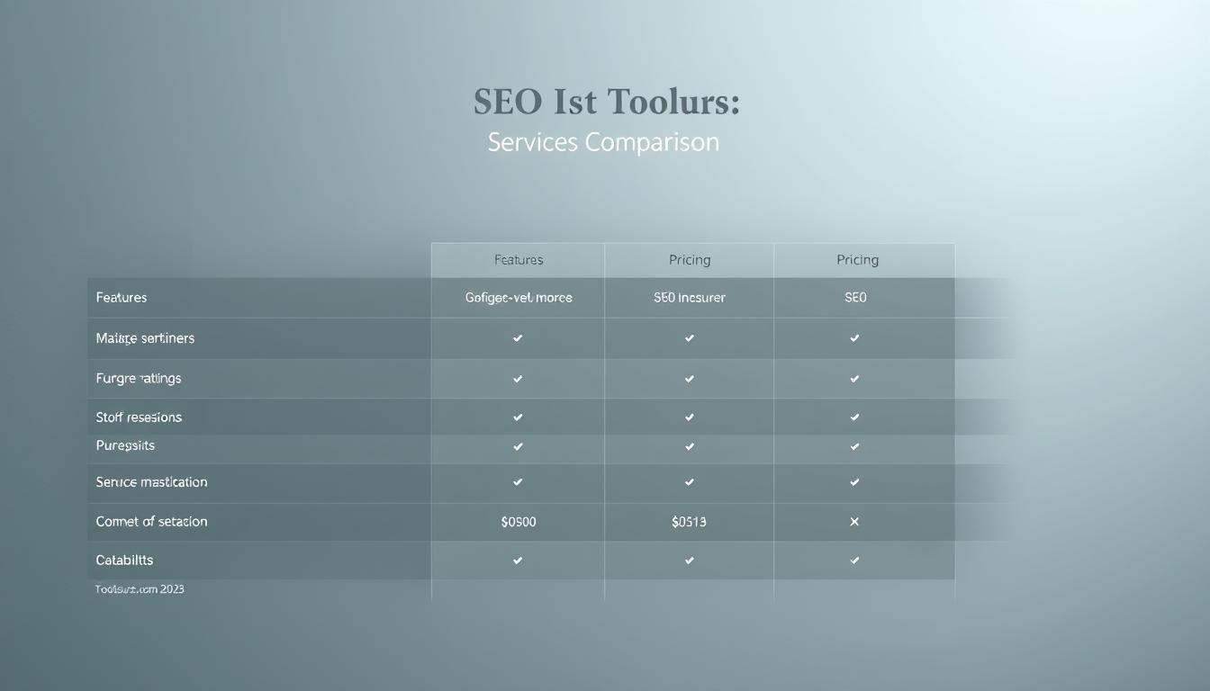 A sleek, minimalist comparison chart showcasing the key features, pricing, and capabilities of leading SEO tools. Elegant sans-serif typography and clean, well-organized data visualization elements present the information in a clear, easy-to-digest format. Soft shadows and muted color palette create a professional, authoritative atmosphere. Subtle textures and gradients in the background add depth and visual interest. The overall design is modern, visually striking, and perfectly suited to illustrate the "Service Offerings Comparison" section of the "SEOGroupShare vs Toolsurf.com 2025" article. Alt-text: SEO tools comparison chart