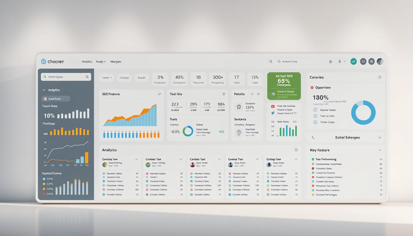 A sleek, minimalist dashboard interface showcasing a diverse range of SEO tools on a large, high-resolution display. In the foreground, various analytics charts, performance metrics, and tool categories are neatly organized, creating a visually appealing and functional layout. The middle ground features detailed overviews of individual tools, their key features, and customization options. The background maintains a subtle, neutral tone, allowing the tools and data to take center stage. Soft, directional lighting illuminates the dashboard, creating depth and highlighting the intuitive design. The overall mood is one of efficiency, productivity, and comprehensive SEO management.