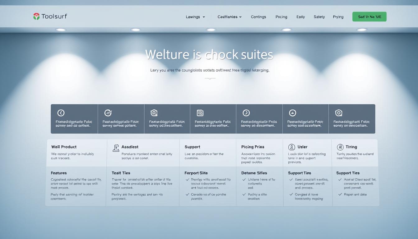 A sleek, minimalist software suite interface with a clean layout and intuitive navigation. The foreground showcases the main product options, including icons and concise descriptions. The middle ground features detailed feature breakdowns, pricing tiers, and support information in a structured grid. The background has a subtle gradient or texture, creating a professional, high-tech ambiance. Lighting is soft and diffused, with a balanced use of shadows to add depth. The overall mood is one of sophisticated simplicity, inviting the viewer to explore the Toolsurf.com offerings. Toolsurf.com software suite options