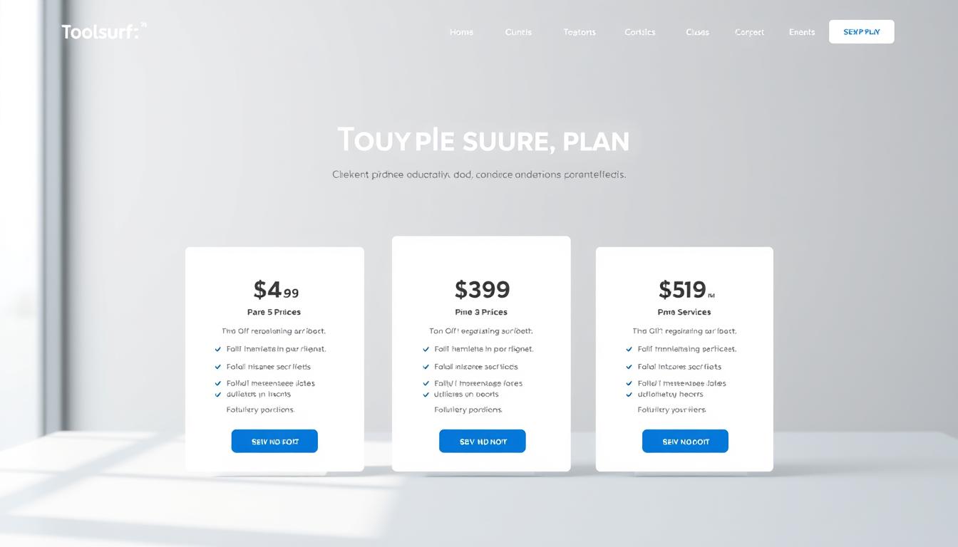 A sleek, minimalist web interface showcasing the pricing plans of Toolsurf.com. In the foreground, three distinct plan options are presented with clear, readable typography against a soft, gradient background. The middle ground features subtle icons and infographic elements that highlight the key features of each plan. The background has a muted, professional tone with a slightly blurred, geometric pattern, conveying a sense of sophistication and attention to detail. The lighting is soft and diffused, creating a clean, modern aesthetic. The overall composition is balanced and visually appealing, making it easy for the viewer to quickly grasp the pricing information. Toolsurf.com pricing plans