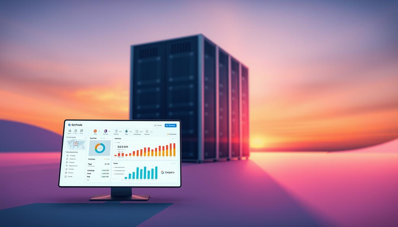 A sleek, modern cloud-based SEO tools platform set against a vibrant, minimalist backdrop. In the foreground, a stylized dashboard interface showcases a range of analytics and optimization tools, their icons and controls illuminated by a soft, diffused lighting. The middle ground features a clean, geometric architecture of servers and data centers, their silver and glass forms casting long shadows. In the distant background, a dusky, gradient sky evokes a sense of technological advancement and innovation. The overall scene conveys a sophisticated, efficient, and user-friendly SEO platform designed to streamline digital marketing workflows.