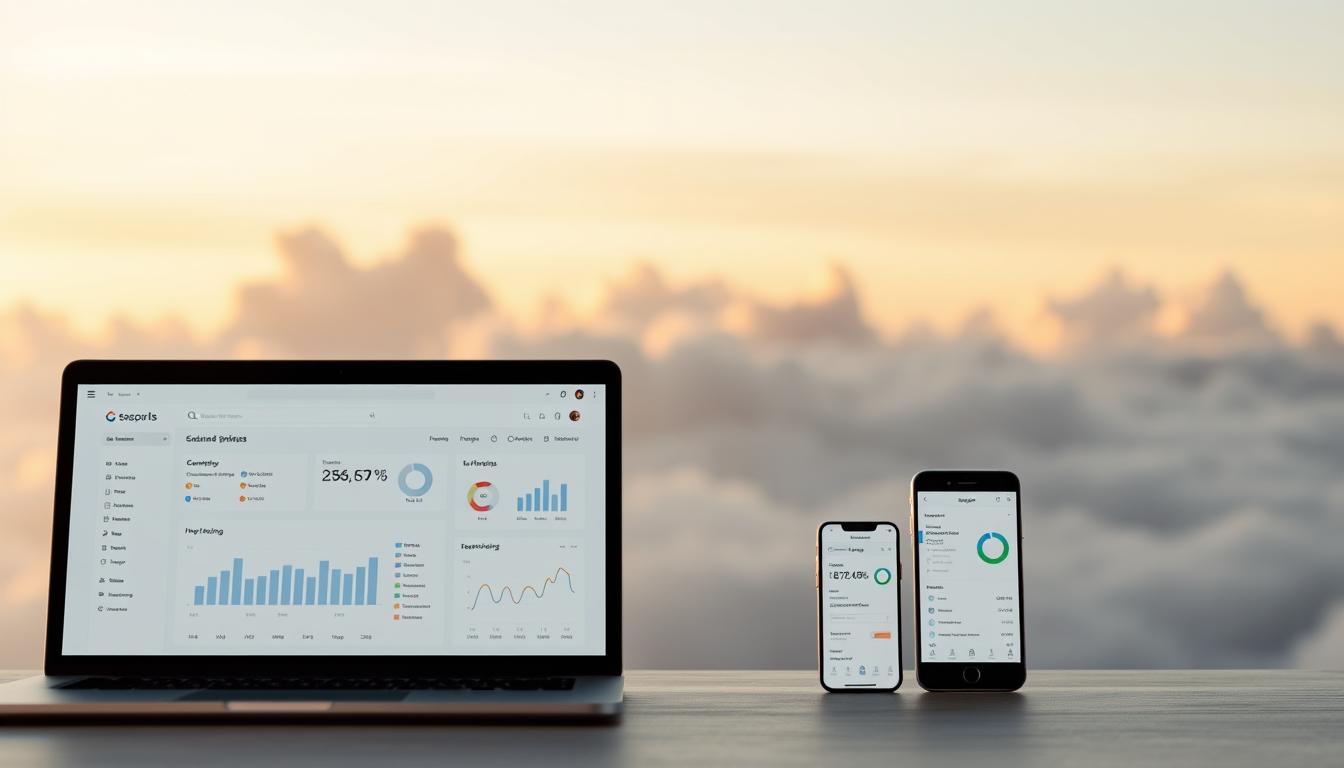 A sleek, modern cloud-based SEO tools platform with a minimalist user interface. In the foreground, a laptop display showcases the platform's analytics dashboard, presenting intuitive visualizations of key SEO metrics. The middle ground features several mobile devices, each highlighting different aspects of the platform's responsive design and cross-device functionality. In the background, a serene, cloud-filled sky with warm, diffused lighting sets a calming, professional tone. The overall scene conveys the power and efficiency of a comprehensive, cloud-hosted SEO solution.