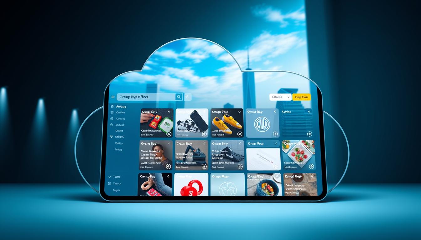 A sleek, modern cloud-based platform with a clean, minimalist interface. The main screen displays a grid of group-buy offers, each with a thumbnail image, title, and details. In the background, a serene cityscape with tall glass skyscrapers and a vibrant blue sky, creating a sense of technology and innovation. Soft, directional lighting illuminates the platform, giving it a professional and polished appearance. The overall atmosphere conveys efficiency, collaboration, and a streamlined group-buying experience. cloud-based group-buy platform