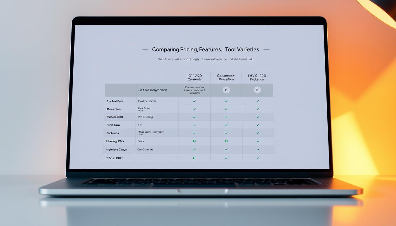 A sleek, modern comparison chart displayed on a laptop screen, showcasing the key features, pricing, and capabilities of SEO and AI tools. The chart is presented against a minimalist, gray background with subtle grid lines, creating a clean and professional appearance. The tools are represented by intuitive icons and well-organized data, allowing for easy comparison. Warm, directional lighting casts a soft glow on the display, highlighting the information. The overall scene conveys a sense of efficiency and informed decision-making, suitable for the "Comparing Pricing, Features, and Tool Varieties" section of the article.