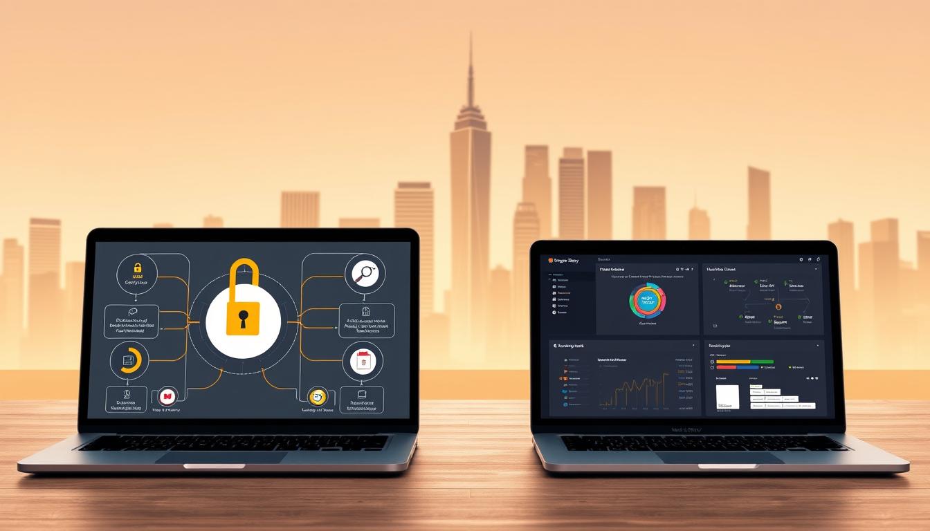A sleek, modern comparison of the security features of the leading group-buy platforms, MasterGroupBuy and Toolsurf.com. In the foreground, two laptops display detailed schematics of their data encryption, authentication, and access control systems. The middle ground showcases intuitive user dashboards, highlighting comprehensive analytics and real-time monitoring. In the background, a stylized cityscape conveys the global reach and enterprise-grade infrastructure powering these platforms. Warm lighting and clean, minimalist design create a professional, trustworthy atmosphere. group-buy platform security comparison